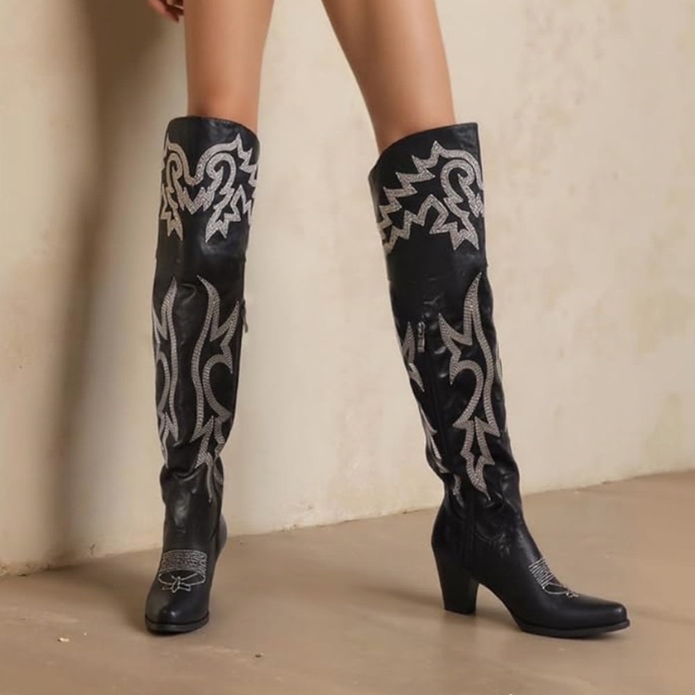 Black and White Over the Knee Cowboy style Boots